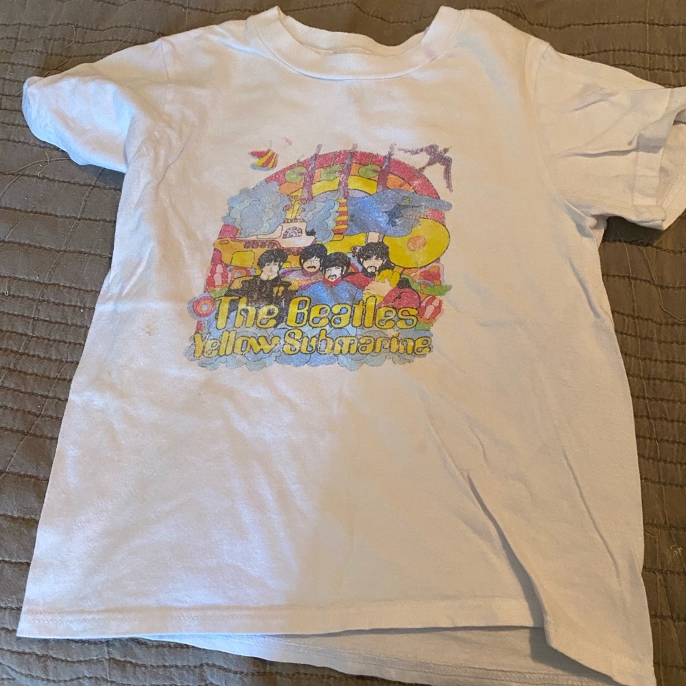 The Beatles White and Yellow Crop Top with Vibrant Sunset Design